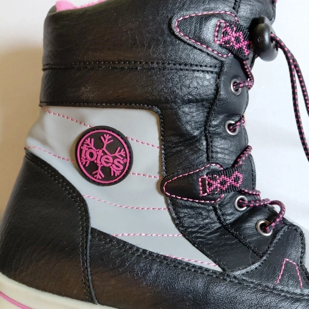 Totes Beaver Winter Snow Boots Girls Size 4 Black Pink Waterproof Lined EXC COND